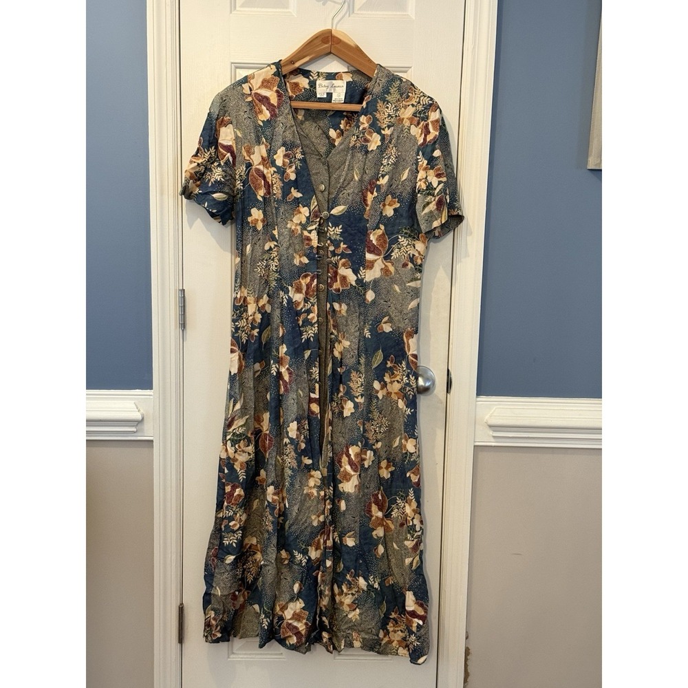 Betty Barclay Vintage Floral Maxi Cottage Button Dress Size 14 Tan blue Classy